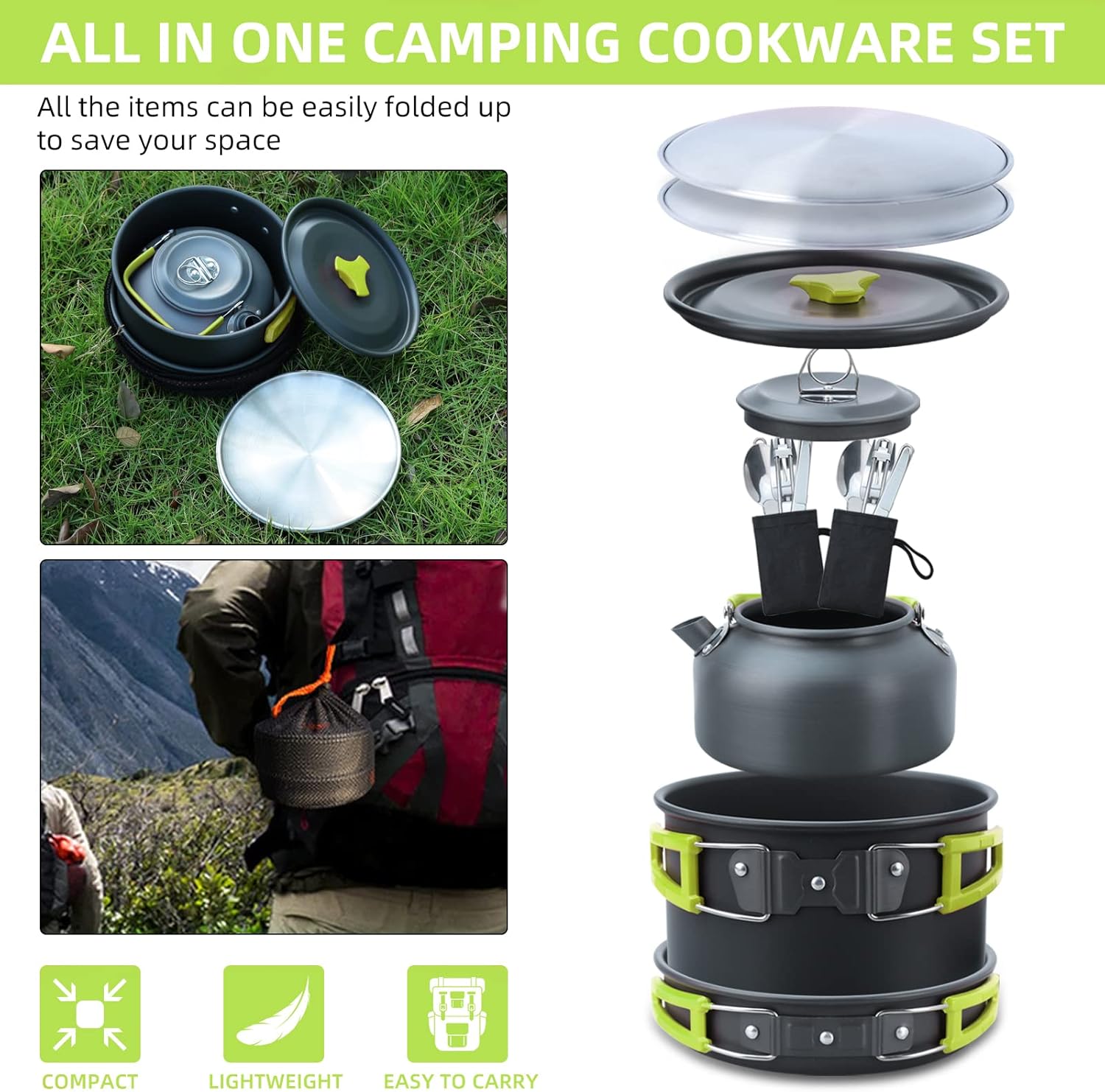 16pcs Camping Cookware Mess Kit, Non-Stick Lightweight Pot Pan Kettle Set with Stainless Steel Plates Forks Knives Spoons, Portable Camping Cooking Set for Outdoor Backpacking Hiking Picnic - Image 2