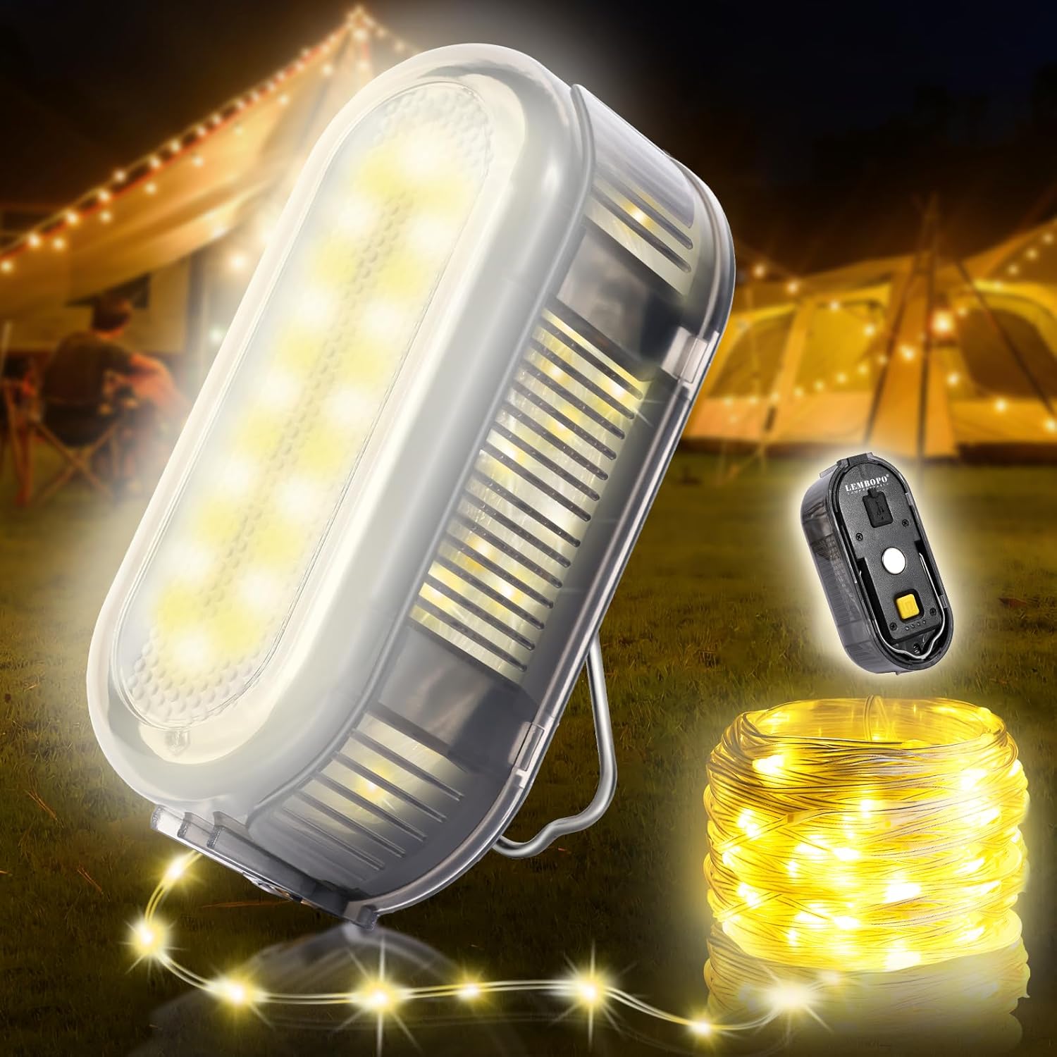 Camping String Lights for Camping Essentials Gear Waterproof, 21ft Hanging Lamp for Outdoor Camping Patio Awning Accessories, 2025 Upgraded LED Rechargeable Tent Rope Lights for Camper Decor (Grey)