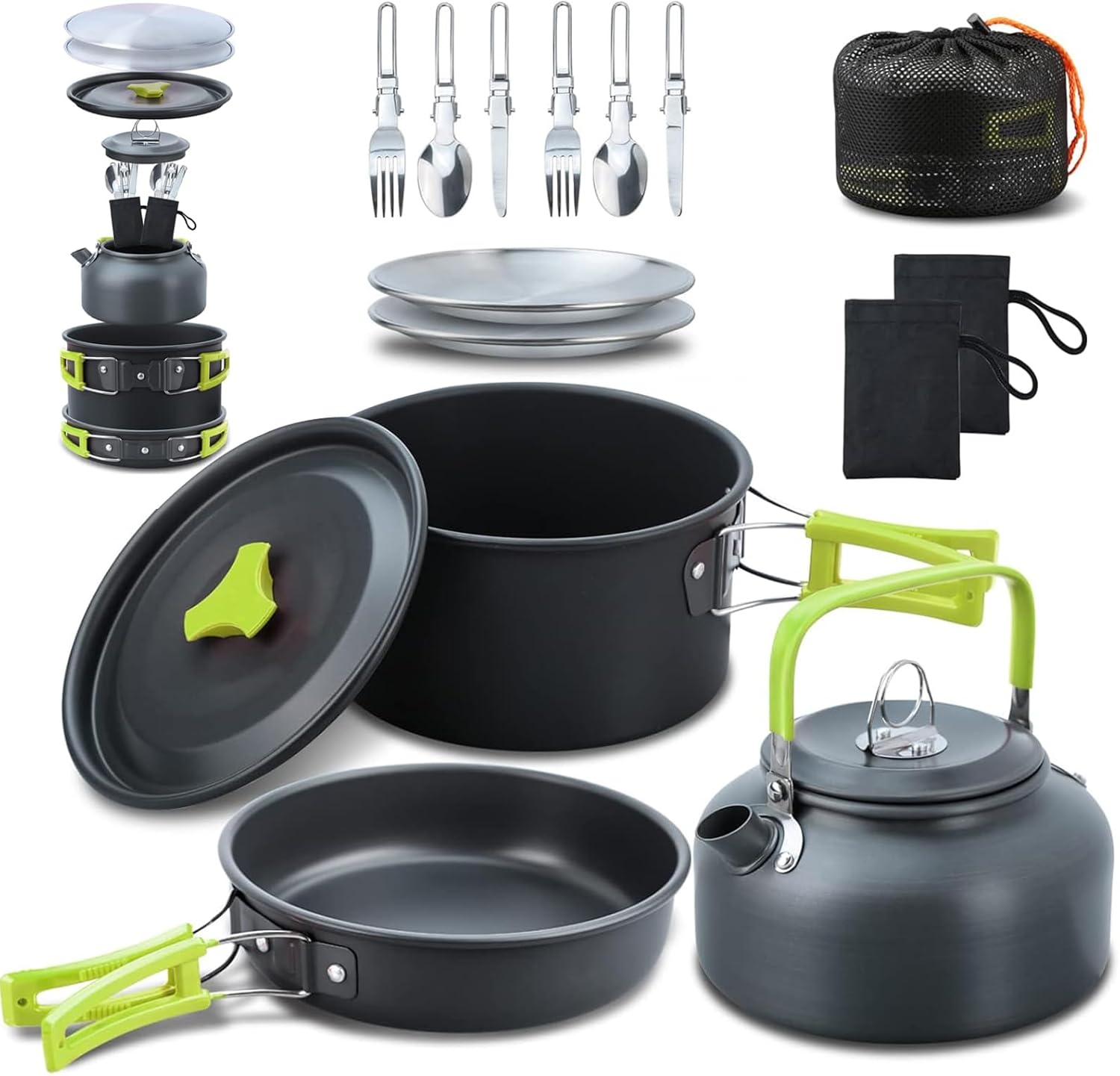 16pcs Camping Cookware Mess Kit, Non-Stick Lightweight Pot Pan Kettle Set with Stainless Steel Plates Forks Knives Spoons, Portable Camping Cooking Set for Outdoor Backpacking Hiking Picnic