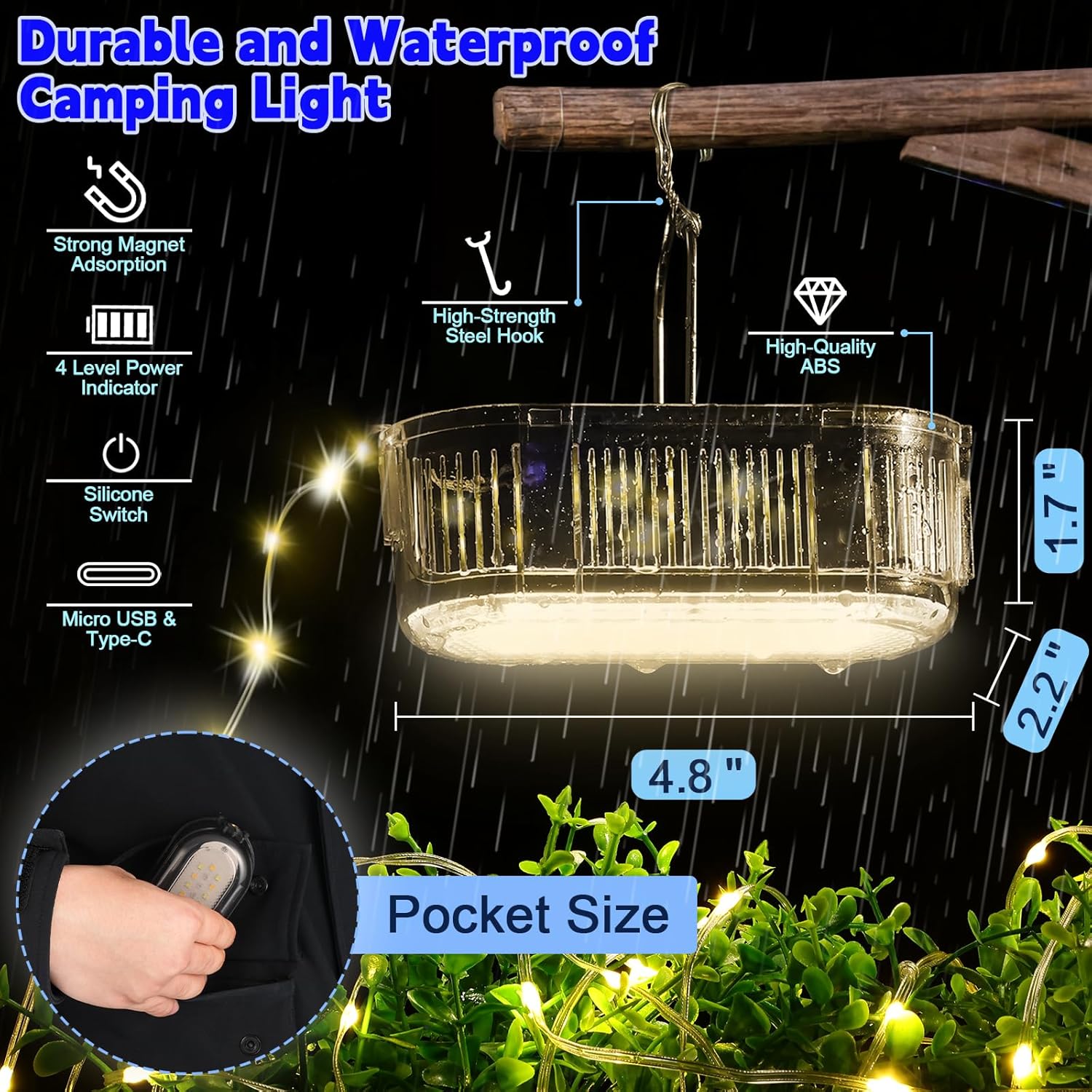 Camping String Lights for Camping Essentials Gear Waterproof, 21ft Hanging Lamp for Outdoor Camping Patio Awning Accessories, 2025 Upgraded LED Rechargeable Tent Rope Lights for Camper Decor (Grey) - Image 2